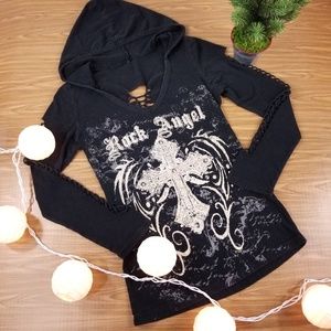 ✔Open-back Long Sleeve Shirt with Hood-Large Black